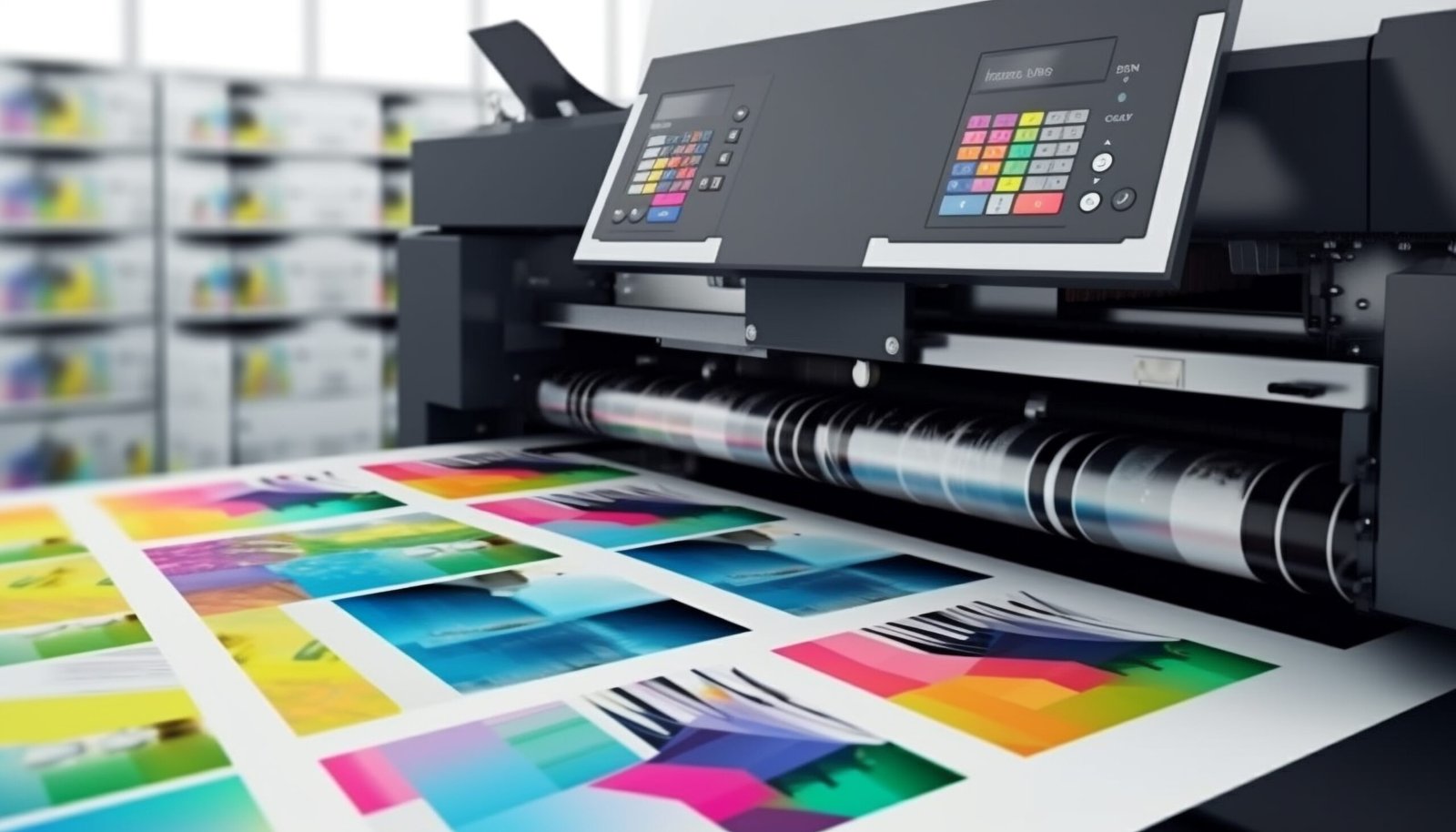 Modern printing press produces multi colored printouts accurately generated by ai scaled